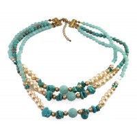SOLEH Turquoise Beaded Three Strands Statement Necklace